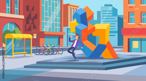 This vibrant illustration captures a colorful modern art sculpture situated in an urban setting, symbolizing creativity and innovation amidst a bustling city environment filled with life.
