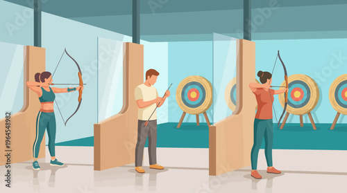 Individuals practicing archery at a modern indoor range, focusing on precision and skill, highlighting the sport's blend of concentration and physical ability.