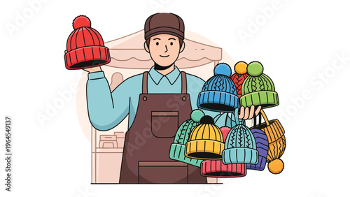 Warm Knits for Every Style: A vendor, presents an array of vibrant knit hats, showcasing his collection of cozy headwear perfect for the season.
