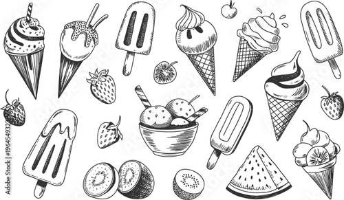 Hand drawn dessert doodles vector set, ice cream fruits cakes sweets sketch collection