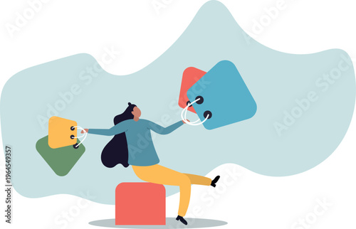 Shopping and Retail Concept . Woman Sitting with Multiple Shopping Bags