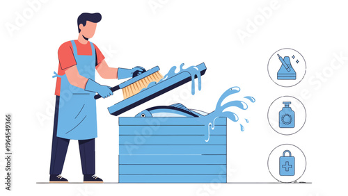 Cleanliness Champion: A diligent worker meticulously cleans and sanitizes equipment, highlighting the essential nature of hygiene, against an illustrative backdrop.
