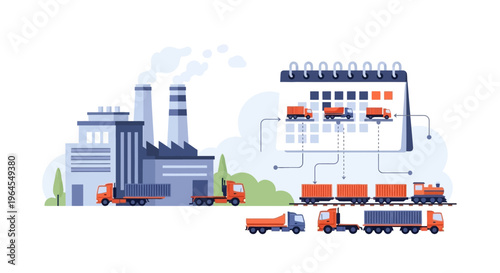 Industrial Factory with Logistics, Supply Chain Management, and Goods Transportation by Truck and Train with Schedule Planning