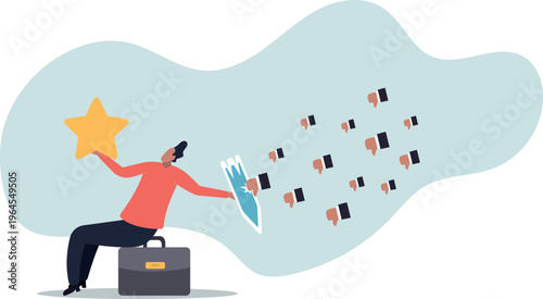 Customer Feedback Protection Concept . Man Blocking Negative Reviews with Shield and Holding Gold Star