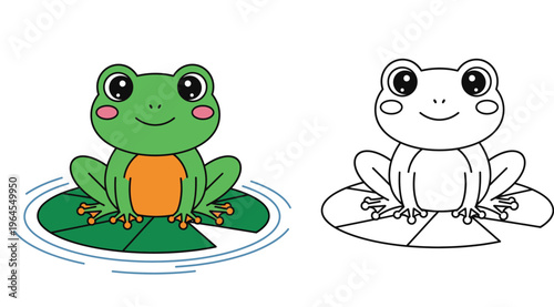 Cute cartoon green frog sitting on a lily pad. Vector illustration featuring a vibrant colored version and a black and white line art outline, perfect for kids coloring book pages.
