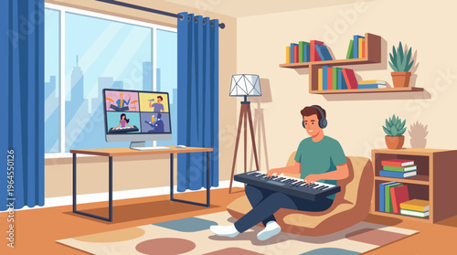 A man plays music on a keyboard in a cozy home setting, participating in a virtual session with friends, reflecting the intrigue of remote creativity and personal expression in today's world.