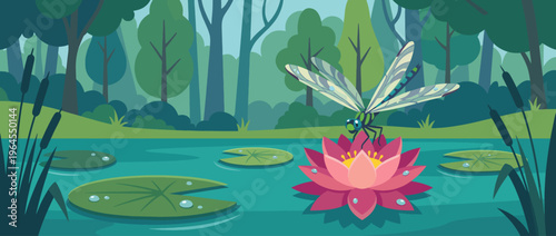 A vibrant and whimsical scene showcases a dragonfly resting on a blooming flower lily, surrounded by lush greenery, evoking tranquility and the beauty of nature.