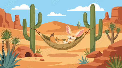 A serene illustration of a fennec fox leisurely lounging in a hammock amidst a stunning desert landscape, showcasing nature's beauty and the essence of relaxation.