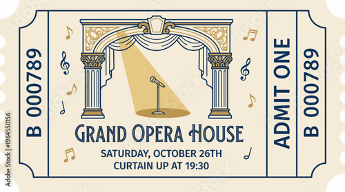 A beautifully designed opera ticket showcasing the Grand Opera House. The image captures the essence of live performances and the excitement they bring to audiences.