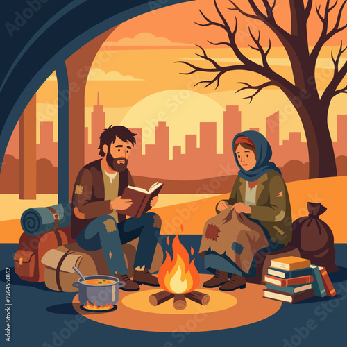 A homeless couple sitting by a campfire in an urban setting, sharing a moment of warmth and companionship, illustrating resilience amidst challenging circumstances.