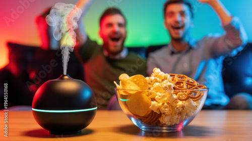 happy friends enjoying movie night with humidifier and snacks
