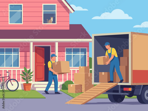 Two professional movers efficiently unpacking boxes from a moving truck at a residence, showcasing the excitement and activity of a home relocation.