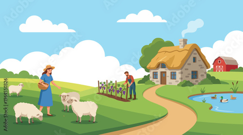 A serene rural scene depicting a woman tending to sheep near a thatched-roof cottage, showcasing idyllic countryside life, nature, and harmony with animals in a joyful setting.