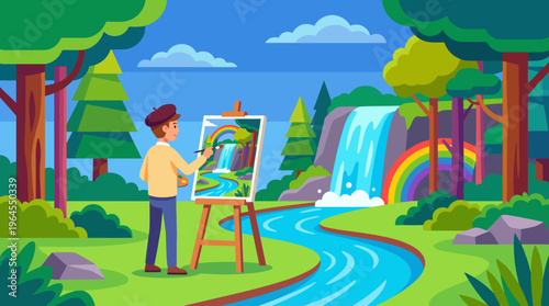 An artist captures the beauty of a vibrant landscape featuring a waterfall, lush greenery, and a bright rainbow, showcasing nature's artistry and creative expression.