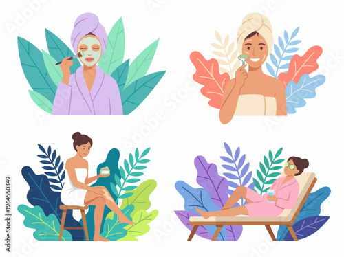 This tranquil series of images showcases women enjoying a serene spa day, highlighting self-care rituals like facial masks and relaxation amidst lush green foliage.