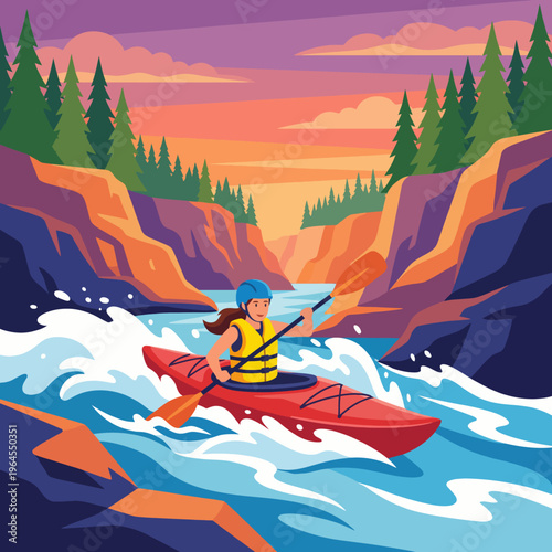 A vibrant illustration of a person kayaking through a scenic river, surrounded by cliffs, pine trees, and a dazzling sunset, showcasing adventure and nature's beauty.