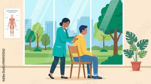 This illustration presents a doctor using a stethoscope on a patient in a bright clinic setting, highlighting the importance of health care and patient interaction in a welcoming environment.