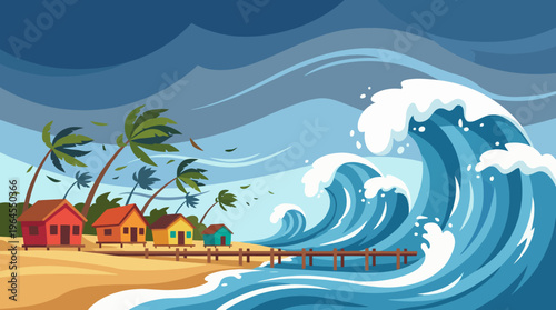 A dramatic view of an approaching tropical storm features vibrant beach houses amidst strong winds and towering waves, capturing the power of nature and human resilience.