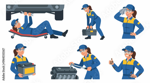 An inspiring depiction of a female mechanic working on a car, showcasing her dedication and skill in an automotive workshop filled with various tools and equipment for repairs.