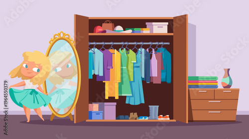 A vibrant wardrobe filled with an array of colorful clothing items showcases personal style, while a playful character admires their outfit in the large mirror beside it.