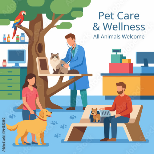 A friendly pet care and wellness center featuring animals, a veterinarian, and caring individuals, promoting health and happiness for all pets and their owners.