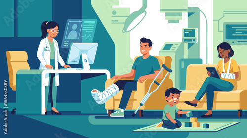 An inviting hospital scene with a friendly doctor, happy patients, and a child playing, emphasizing care, comfort, and healthy interactions within a healthcare environment.