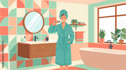 An individual in a cozy bathroom wears a robe and brushes their teeth, promoting the importance of daily routines in personal hygiene and overall well-being in a stylish way.