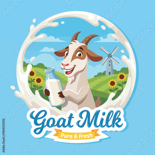 A playful goat image holding a milk bottle surrounded by sunflowers and a windmill, reflecting purity and freshness and appealing to dairy lovers looking for wholesome products.