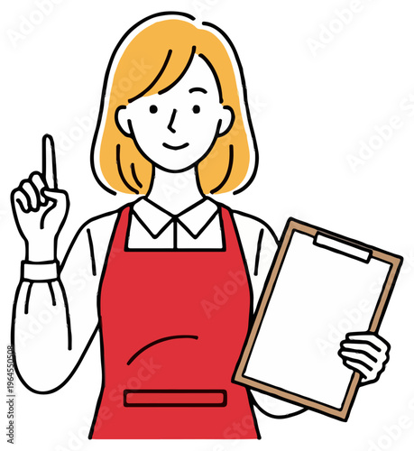A blonde woman wearing a red apron and white shirt holds a clipboard and points her finger upward against a solid white background.