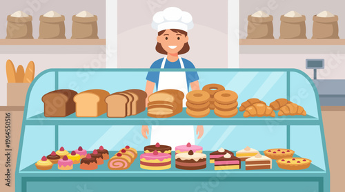 A cheerful baker stands proudly in front of a glass display filled with an array of delicious freshly baked goods, showcasing the art of baking and craftsmanship.