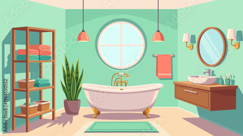 A beautifully designed bathroom featuring bright colors, stylish furniture, and a wooden tub, conveying a sense of relaxation and comfort in contemporary home design.