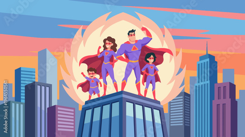 An exciting illustration of a family of superheroes standing proudly on a city rooftop, symbolizing strength, unity, and family values against a colorful skyline.