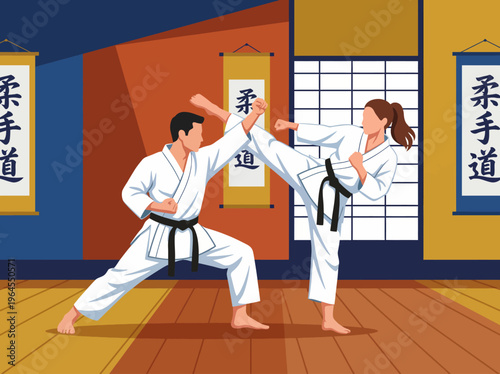 A focused depiction of karate practitioners sparring in a dojo, illustrating determination, discipline, and martial arts spirit, perfect for sports enthusiasts and cultural exploration.