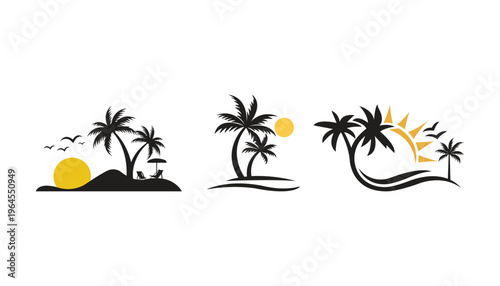 Photos Minimal Tropical Island Silhouette – Palm Trees and Sunset Landscape Illustratio