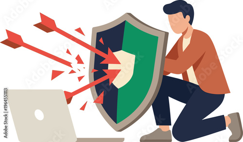 Cybersecurity Professional Defending Laptop with a Strong Shield from Digital Attacks