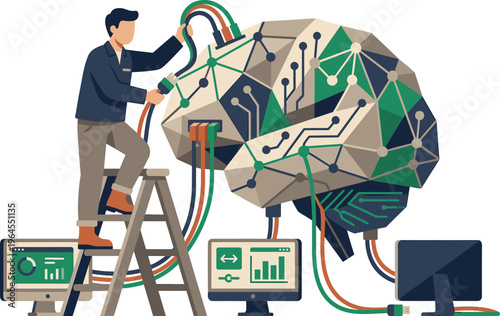 Artificial Intelligence Development with a Man Connecting Data Cables to a Digital Brain Concept