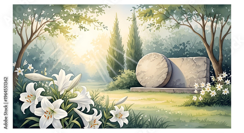 Empty Tomb with Easter Lilies at Sunrise