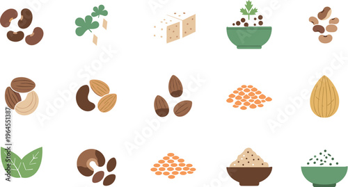 Plant based protein sources vector set with beans, lentils, nuts, seeds, tofu and leafy greens, healthy vegan nutrition ingredients illustration