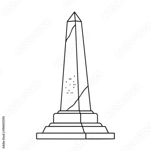 Ancient Egyptian obelisk stone monument with hieroglyphics black and white vector line art