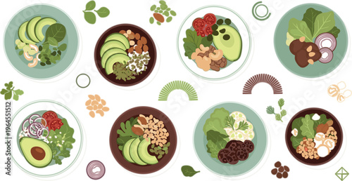 Healthy plant based meal bowls vector with avocado, legumes, vegetables and grains, balanced vegan diet food compositions in clean flat illustration style