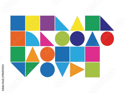 Array of colorful geometric shapes arranged in rows on a white background