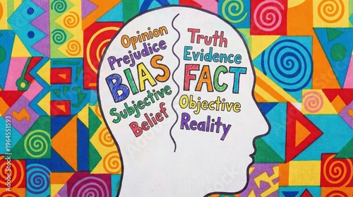 Human head outline with contrasting words “Bias” and “Fact” inside, cognitive thinking concept