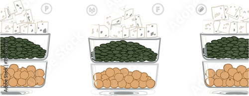 Balanced diet infographic vector with macronutrient portions, protein, fat and carbohydrates layers, healthy food composition and nutrition comparison illustration
