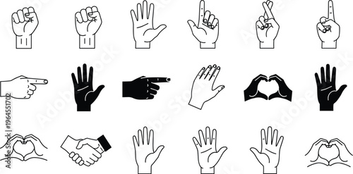 Hand Gestures Icons Set Including Fist, Pointing, and Heart Symbols for Communication, Interaction, and Social Graphics