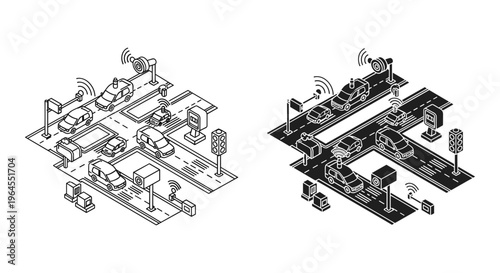Isometric smart city traffic system, autonomous self-driving cars on urban roads, intelligent transportation network with wireless sensors and 5G connectivity