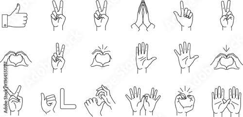 Hand Gestures Icons Set Including Thumbs Up, Peace Sign, Heart Shapes, and Greeting Symbols for Communication and Social Interaction Graphics