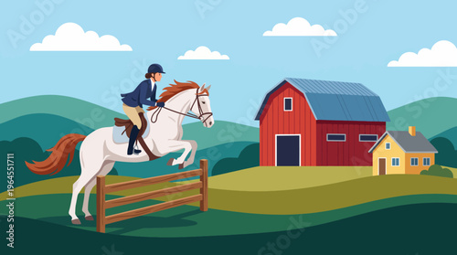 This engaging image captures an equestrian rider gracefully jumping over a fence, symbolizing sport, skill, adventure, and the bond between horse and rider in a scenic setting.