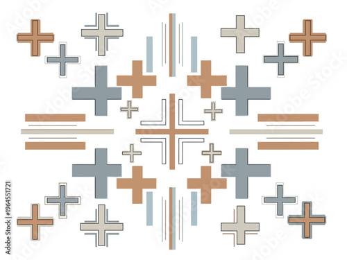 Symmetrical abstract composition of plus signs and lines in earth tones and bluegray
