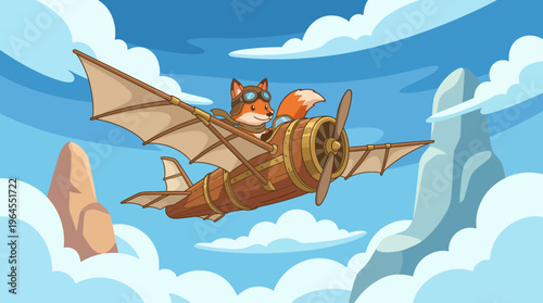 A whimsical cartoon fox pilots a vintage aircraft soaring through clouds, embodying adventure and creativity in a cheerful, imaginative atmosphere of exploration.