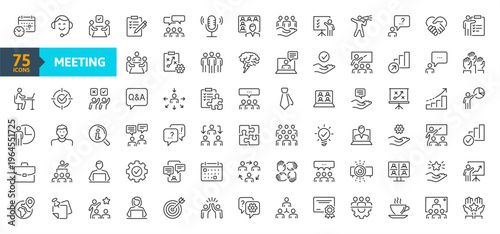 Outline icons set - seminars, lectures, presentations, webinar and online business meeting. Thin line icon collection.
